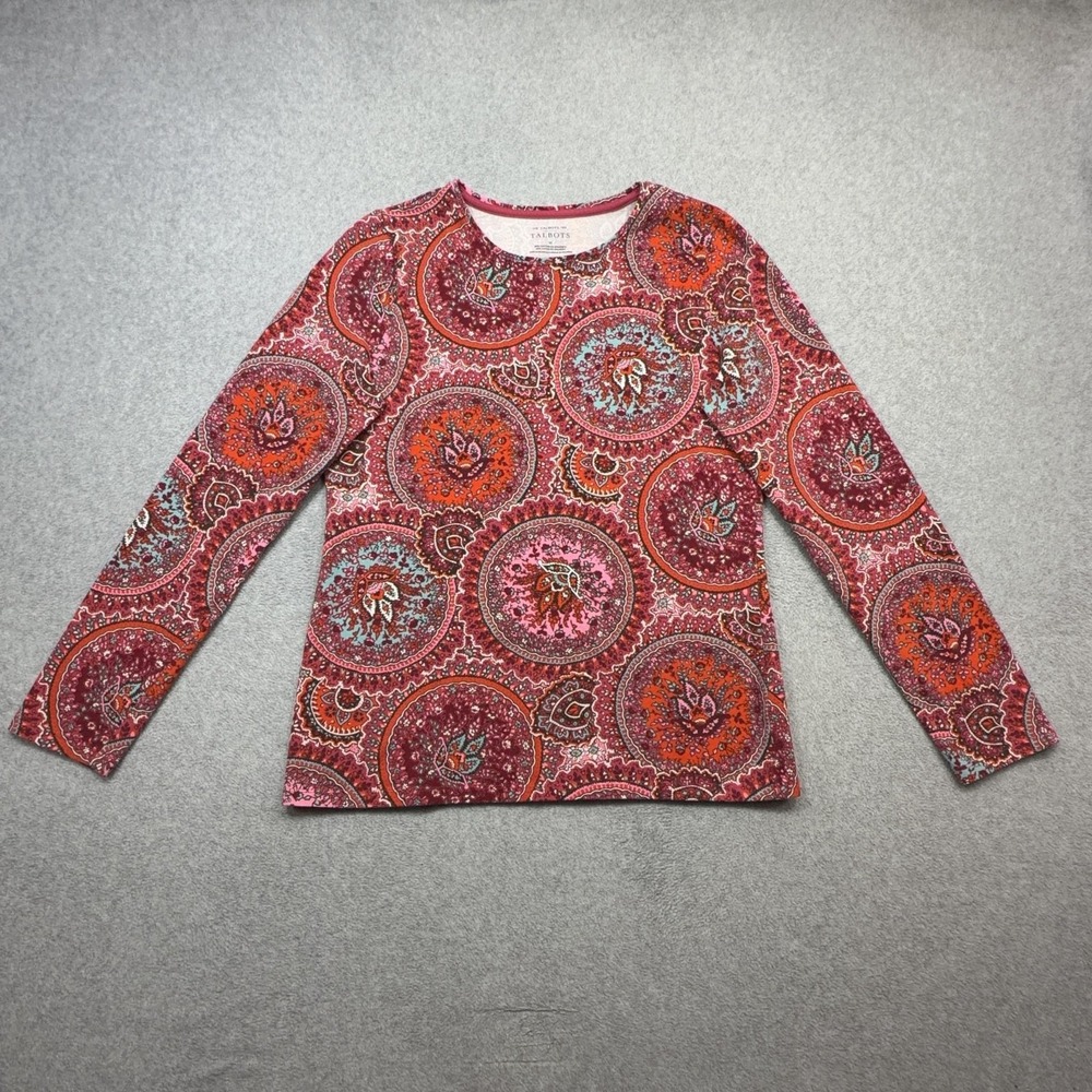 Talbots Tee Shirt Womens Medium Pink Orange Paisley Long Sleeve Stretch Knit Top
